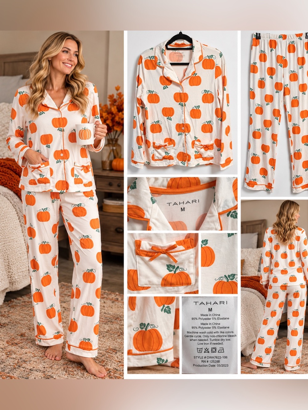 Tahari Women’s M Pumpkin Pajama Set Fall Halloween Thanksgiving PJs. Soft & Cozy